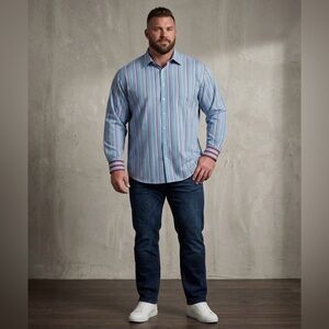 Men's Blue Multi Stripe Button-Down Shirt Big & Tall Neck 20 39/0 Classic Collar